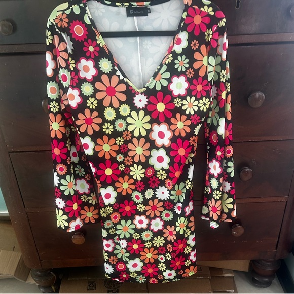 For Grand PL Black Red Floral Long sleeve V Neck Dress Slinky Hippie Boho Medium - Picture 3 of 10